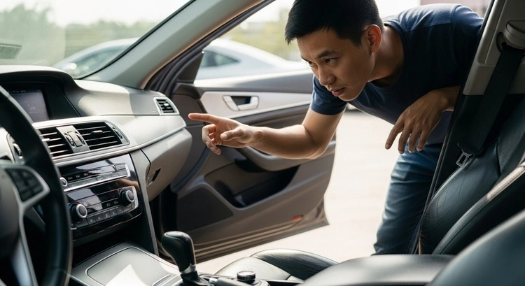 A person is inspecting a car interior