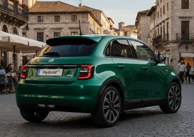 FIAT 600 Hybrid from backside in Ocean Green